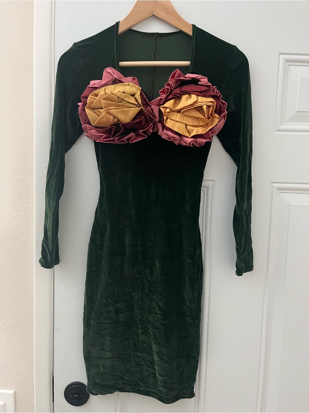 RARE Dark Green Velvet Mini Dress/Handbag with Rose Bust Accents